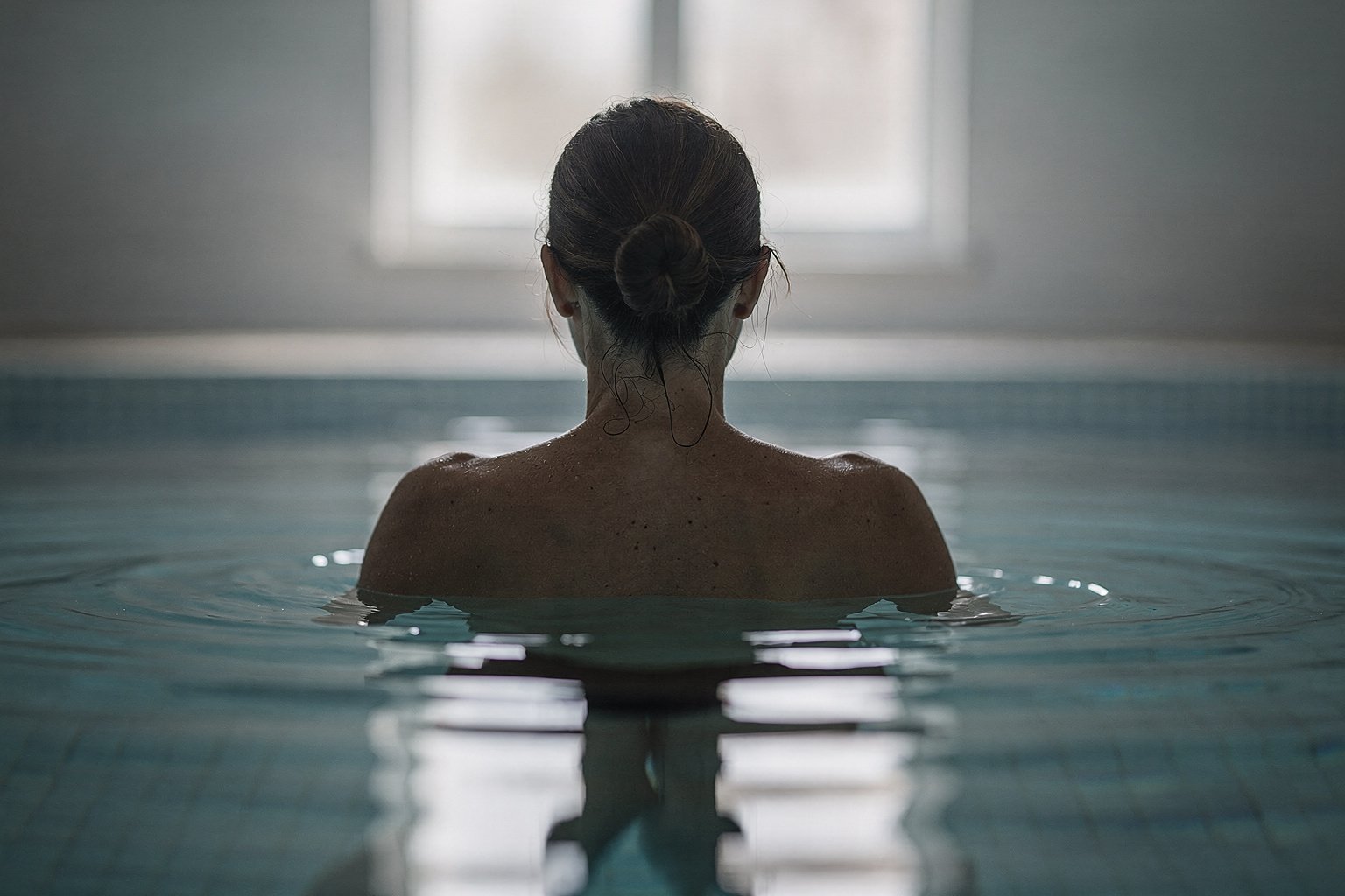 Une nageuse vue de dos, immobile, immergée jusqu’aux épaules dans une eau calme, face à une fenêtre.